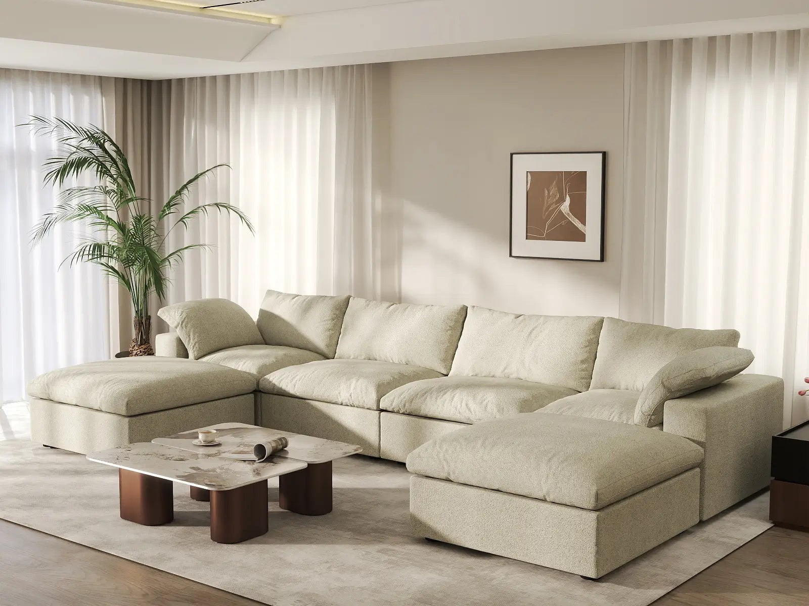 WJS Home 6 Piece Cotton and Linen Khaki U shaped Sectionals 160 Cloud Like Comfort 4 Seater_1