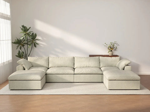 Deluxe Cloud 4-Seater Khaki Storage U-Shaped Sectional | 6-Piece (includes 2 Ottomans), Cotton and Linen Fabric, Washable Covers