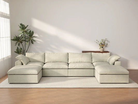 Deluxe Premium Cloud Sectional Sofas | 6-Piece Cotton and Linen Khaki U-shaped Sectionals 160" Cloud-Like Comfort 4-seater