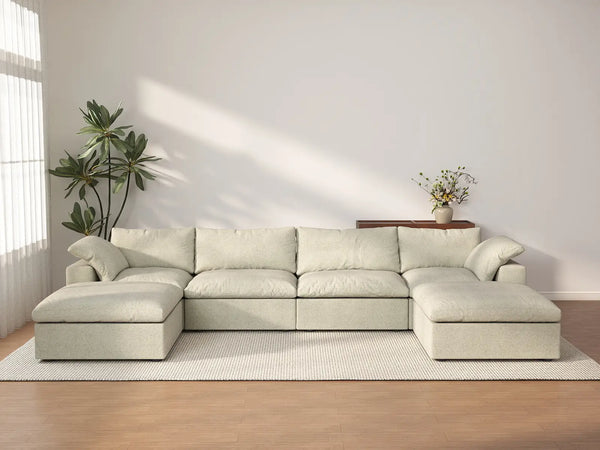 Deluxe Premium Cloud Sectional Sofas | 6-Piece Cotton and Linen Khaki U-shaped Sectionals 160" Cloud-Like Comfort 4-Seater