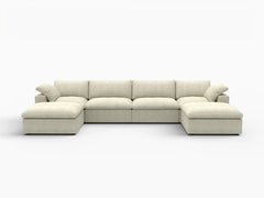 Deluxe Premium Cloud Sectional Sofas Covers | Khaki Cotton and Linen Sofa Cover for 4-Seater With 2 Ottomans