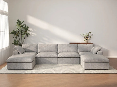 Deluxe Cloud 4-Seater Light-Grey Storage U-Shaped Sectional | 6-Piece (includes 2 Ottomans), Cotton and Linen Fabric, Washable Covers