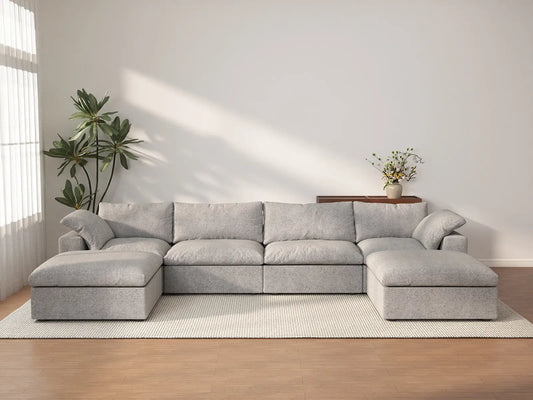Deluxe Premium Cloud Sectional Sofas | 6-Piece Cotton and Linen Light Grey U-shaped Sectionals 160" Removable & Washable Covers 4-seater