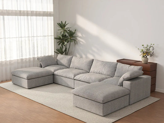 Deluxe Premium Cloud Sectional Sofas | 6-Piece Cotton and Linen Light Grey U-shaped Sectionals 160" Removable & Washable Covers 4-seater