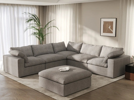 WJS Home 6 Piece Cotton and Linen Light Grey V shaped Sectionals 160 Cloud Like Comfort 5 Seater_1