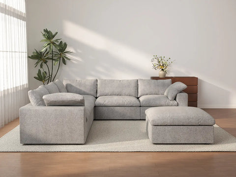 Deluxe Cloud 5-Seater Light-Grey Storage Sofa Set | 6-Piece (includes 1 Ottoman), Cotton and Linen Fabric, Washable Covers