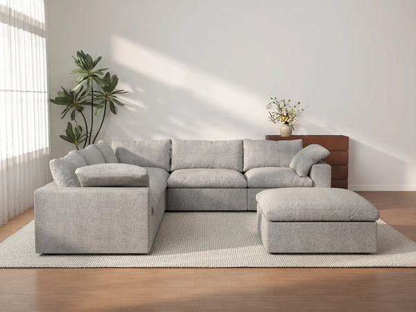 Deluxe Premium Cloud Sectional Sofas | 6-Piece Cotton and Linen Light Grey V-shaped Sectionals 160" Cloud-Like Comfort 5-Seater