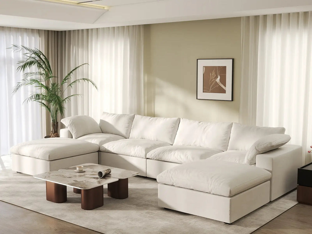 WJS Home 6 Piece Cotton and Linen White U shaped Sectionals 160 Storage Ottoman 4 Seater_1