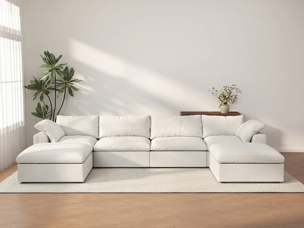 Deluxe Premium Cloud Sectional Sofas | 6-Piece Cotton and Linen White U-shaped Sectionals 160" Storage Ottoman 4-Seater
