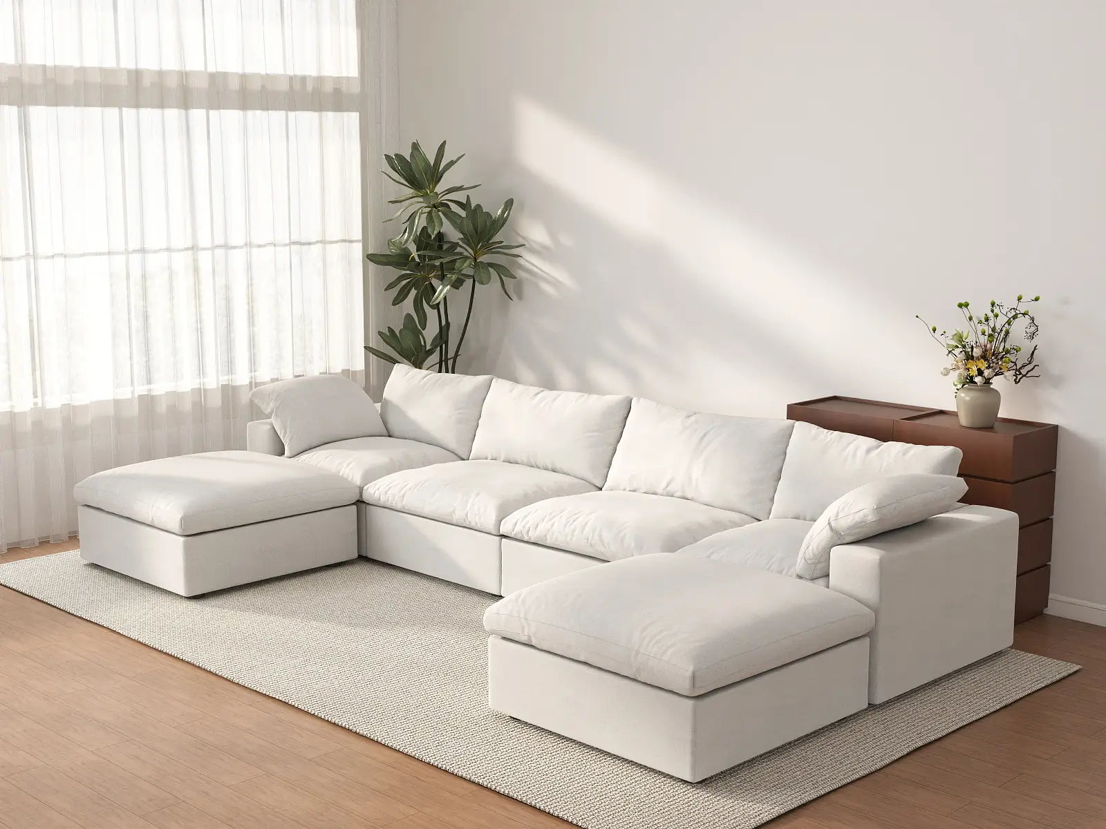 WJS Home 6 Piece Cotton and Linen White U shaped Sectionals 160 Storage Ottoman 4 Seater_3