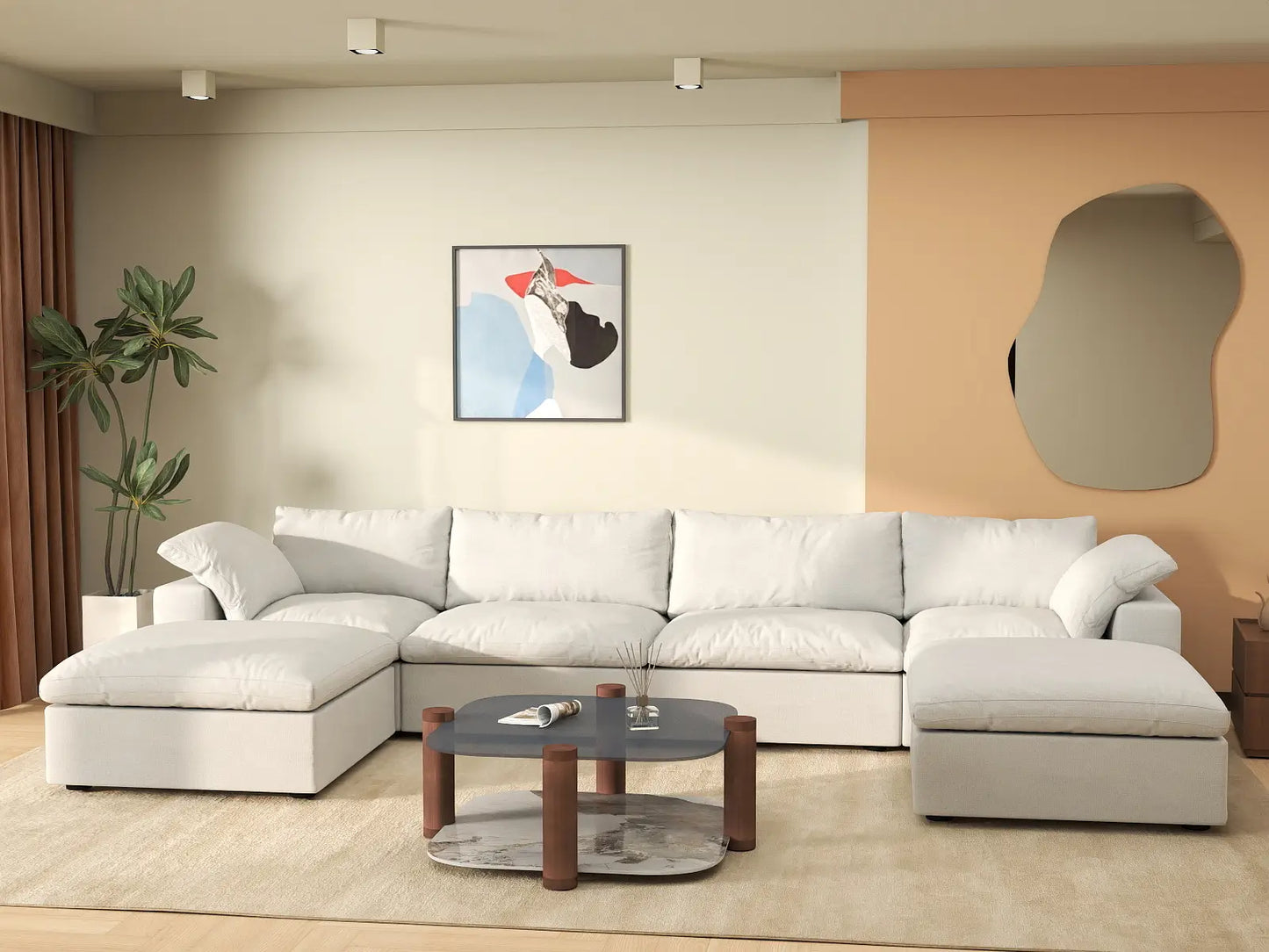 WJS Home 6 Piece Cotton and Linen White U shaped Sectionals 160 Storage Ottoman 4 Seater_6