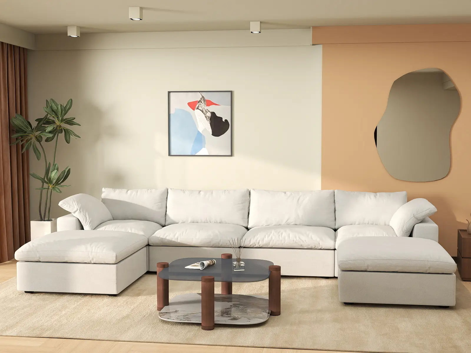WJS Home 6 Piece Cotton and Linen White U shaped Sectionals 160 Storage Ottoman 4 Seater_6