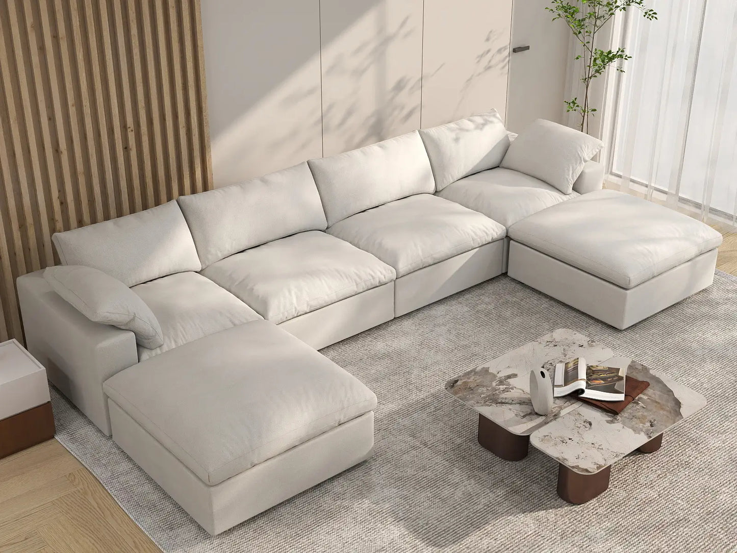 WJS Home 6 Piece Cotton and Linen White U shaped Sectionals 160 Storage Ottoman 4 Seater_8