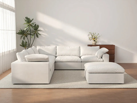 Deluxe Cloud 5-Seater White Storage Sofa Set | 6-Piece (includes 1 Ottoman), Cotton and Linen Fabric, Washable Covers