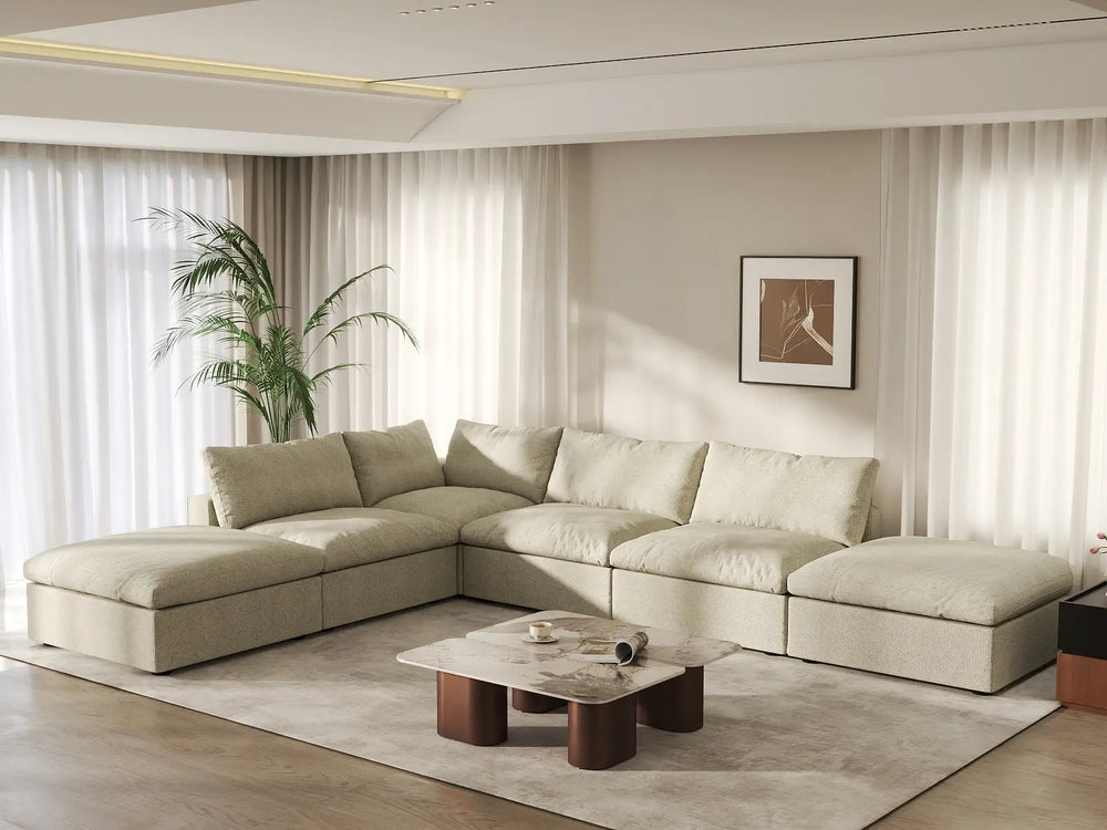 WJS Home 6 Piece Khaki Cotton and Linen L Shaped Sectionals 4 Seater_1