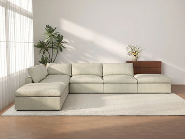 Deluxe Cloud 4-Seater Khaki Storage L-Shaped Sectional | 6-Piece (includes 2 Ottomans), Cotton and Linen Fabric, Washable Covers