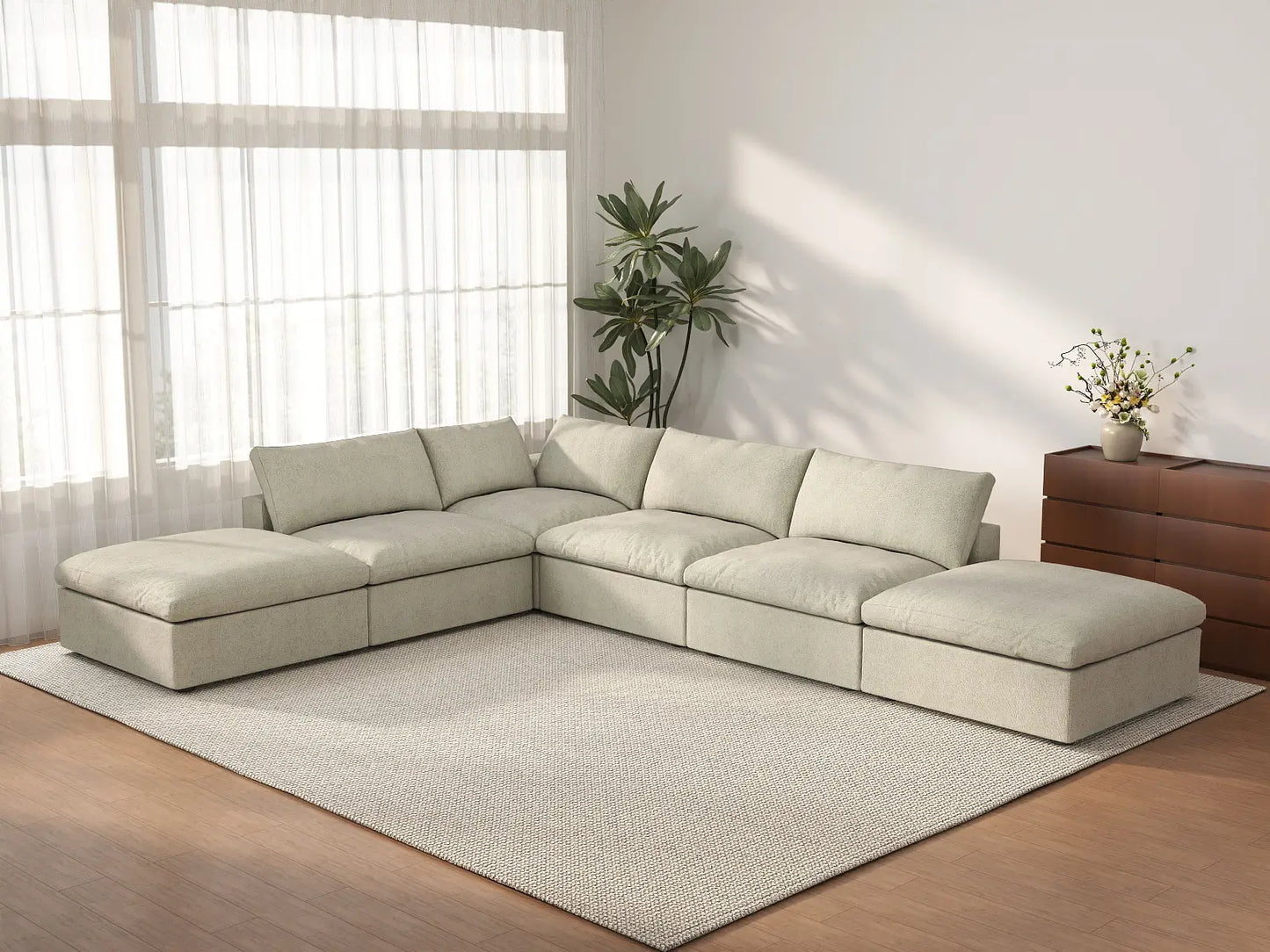 WJS Home 6 Piece Khaki Cotton and Linen L Shaped Sectionals 4 Seater_3