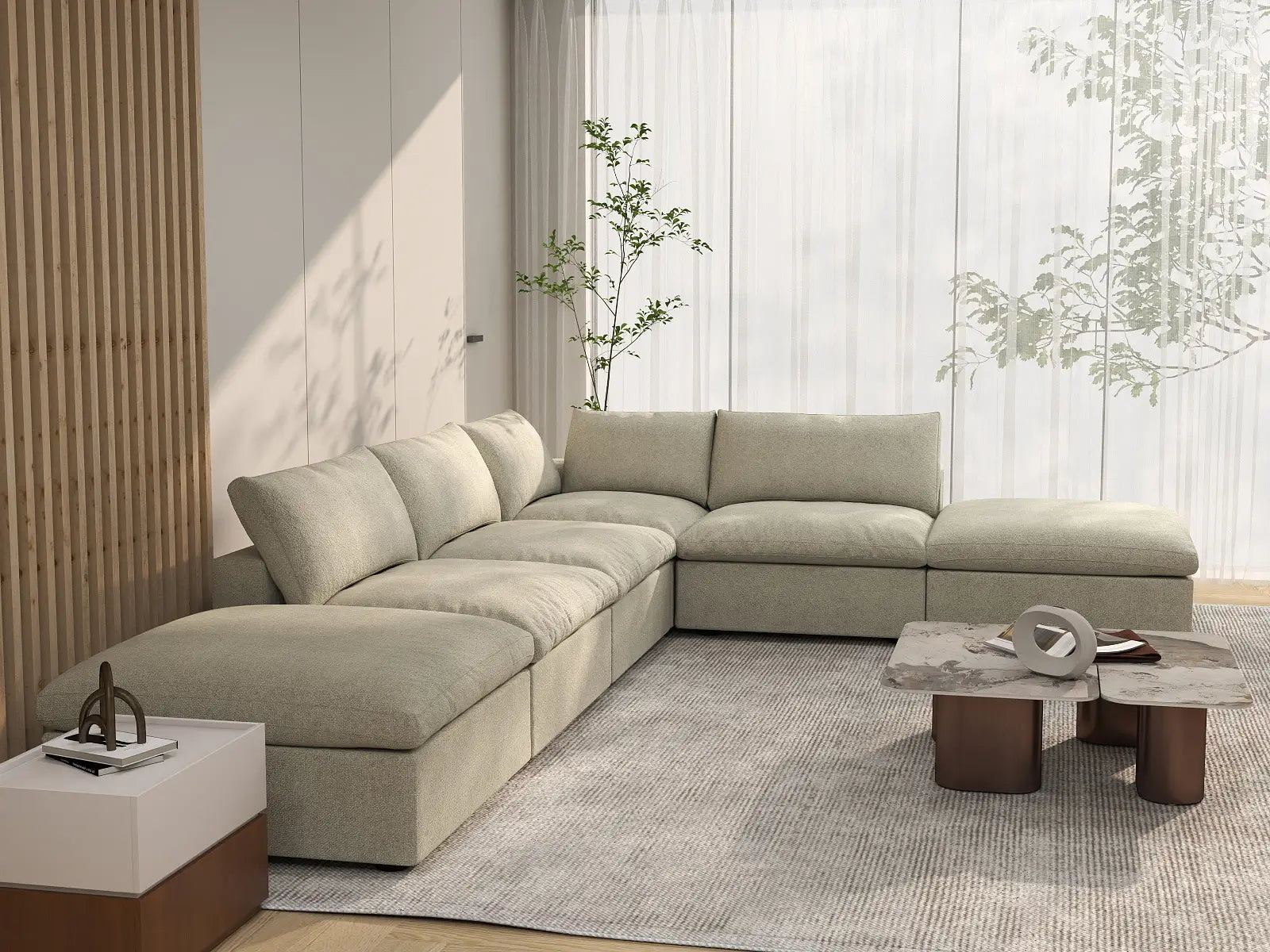 WJS Home 6 Piece Khaki Cotton and Linen L Shaped Sectionals 4 Seater_7