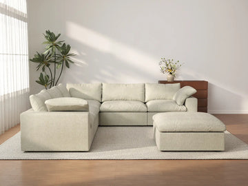 Deluxe Cloud 5-Seater Khaki Storage Sofa Set | 6-Piece (includes 1 Ottoman), Cotton and Linen Fabric, Washable Covers