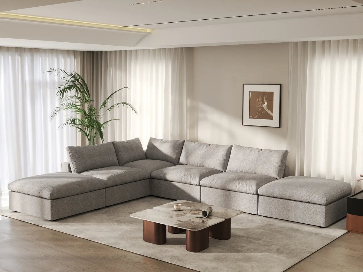 WJS Home 6 Piece Light Grey Cotton and Linen L Shaped Sectionals 4 Seater_1