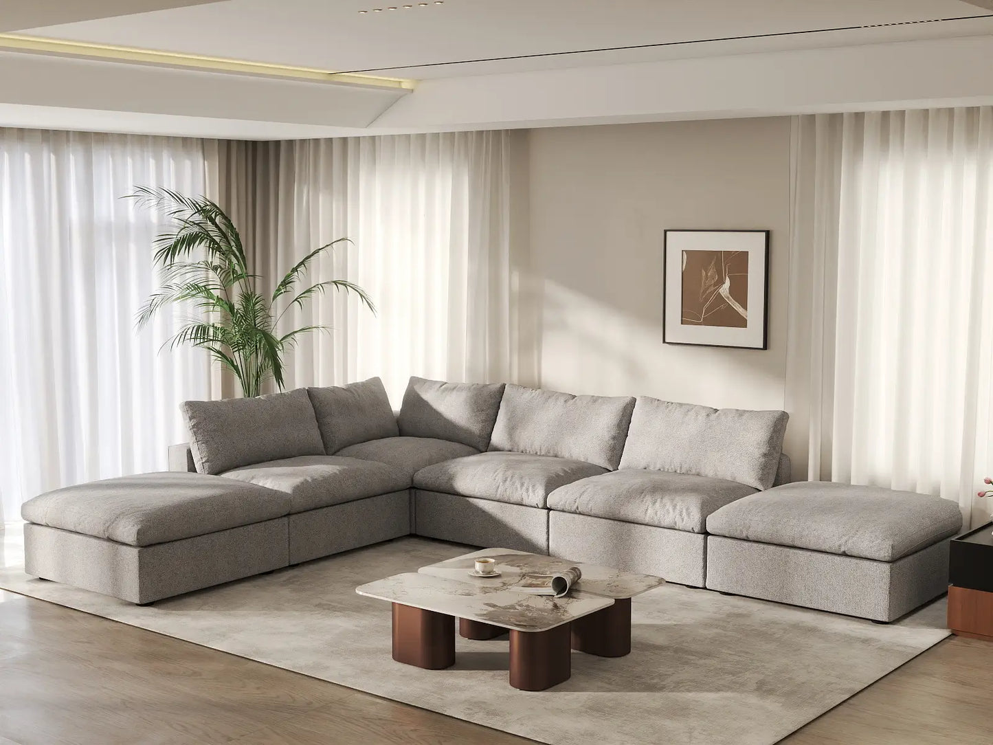 WJS Home 6 Piece Light Grey Cotton and Linen L Shaped Sectionals 4 Seater_1