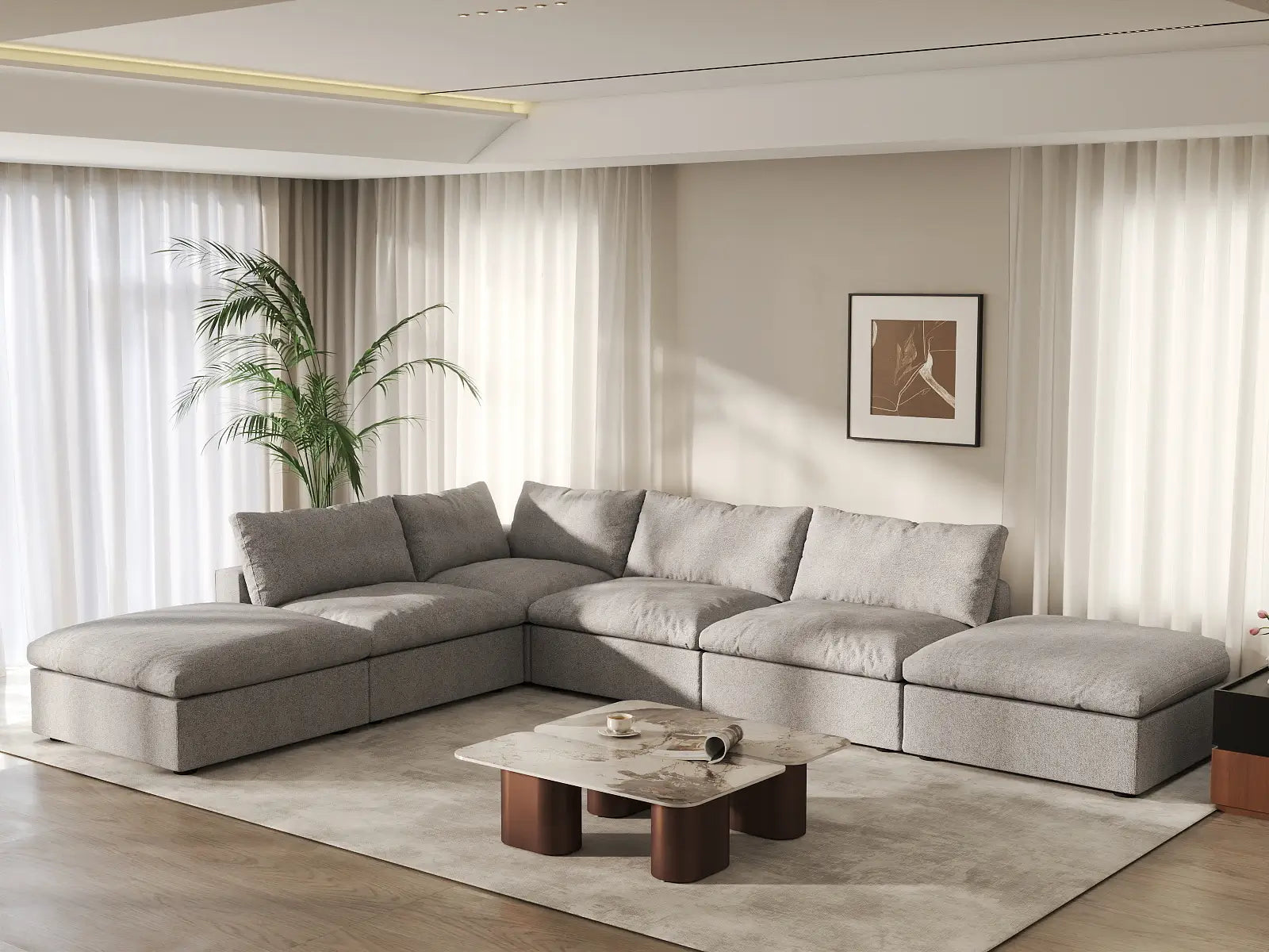 WJS Home 6 Piece Light Grey Cotton and Linen L Shaped Sectionals 4 Seater_1