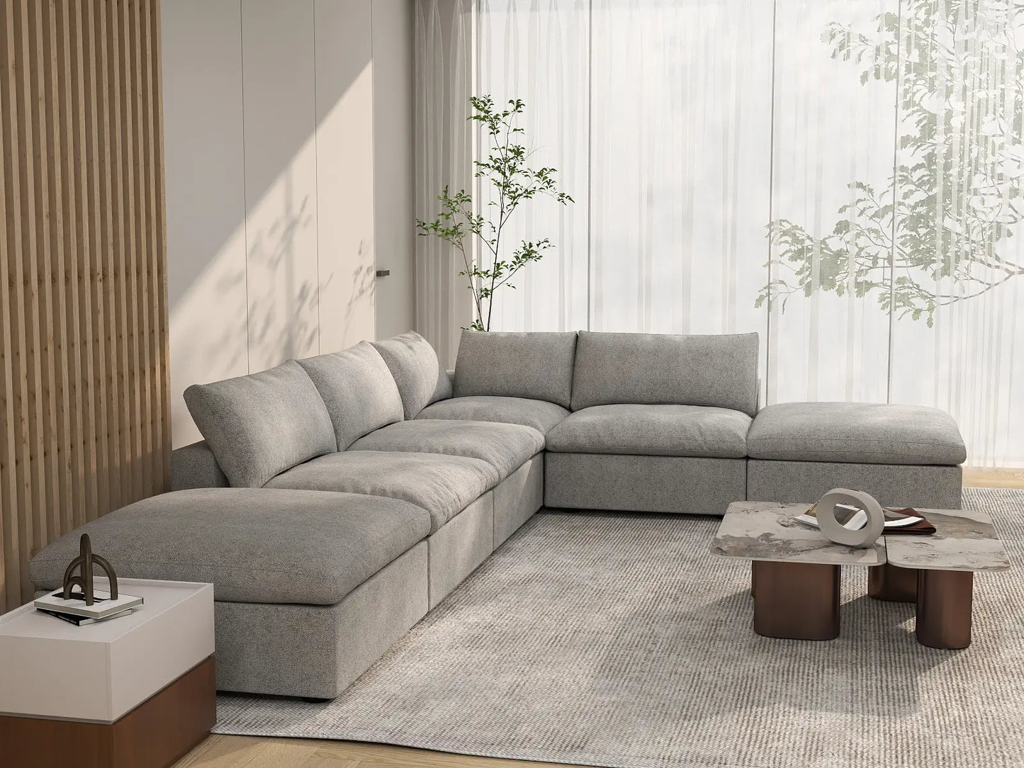 WJS Home 6 Piece Light Grey Cotton and Linen L Shaped Sectionals 4 Seater_7