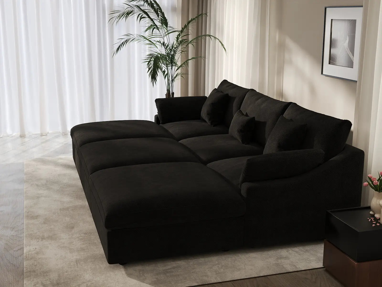 WJS Home 6 Piece Linen Black Pit Sectionals 120 Adjustable Backrest Pillows 3 seater_7