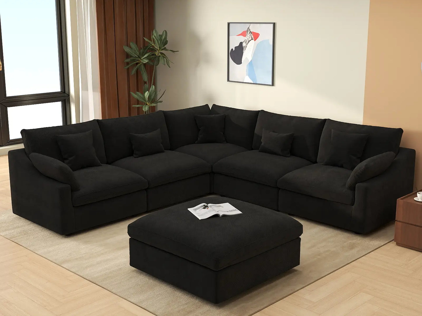 WJS Home 6 Piece Linen Black Sofa Sets 5 Seater With 1 Ottoman_1