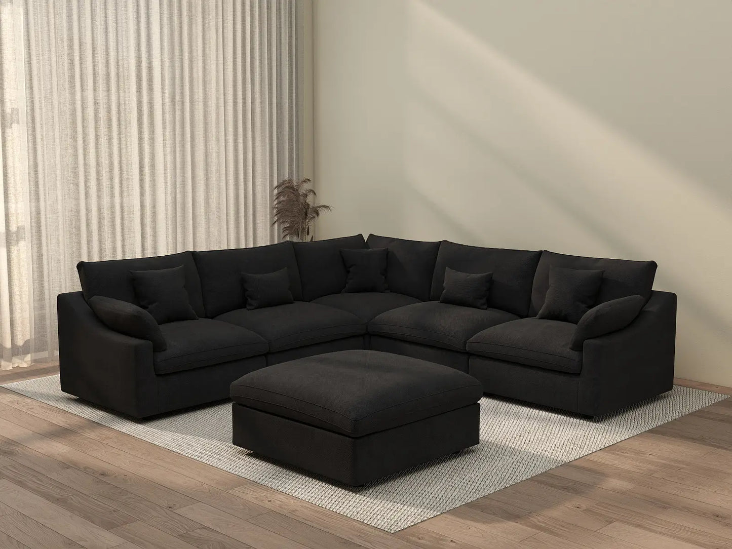 WJS Home 6 Piece Linen Black Sofa Sets 5 Seater With 1 Ottoman_3