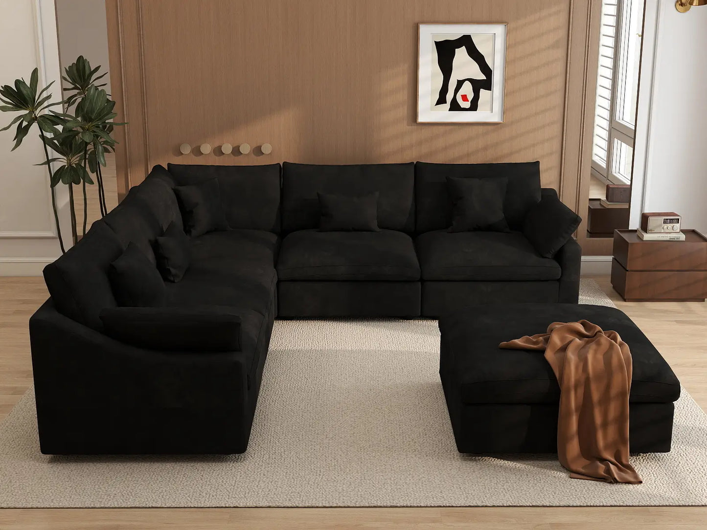 WJS Home 6 Piece Linen Black Sofa Sets 5 Seater With 1 Ottoman_6