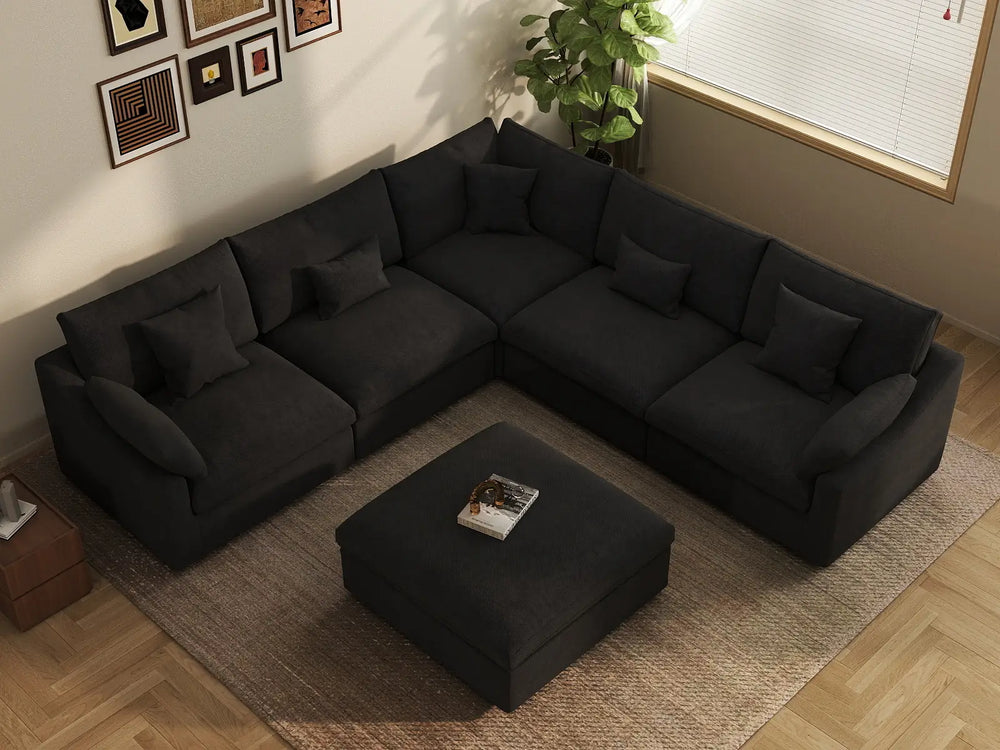 WJS Home 6 Piece Linen Black Sofa Sets 5 Seater With 1 Ottoman_8