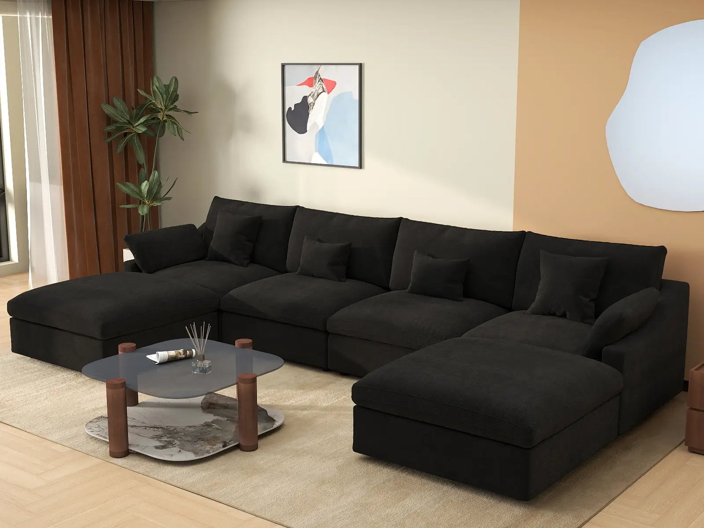 WJS Home 6 Piece Linen Black U shaped Sectionals 160 Adjustable Backrest Pillows 4 Seater_1