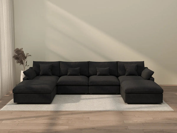 Sofá modular modular Deluxe Cloud de 4 plazas, color negro, lavable, en forma de U | Juego de 6 piezas (incluye 2 otomanas), tejido de chenilla y lino, diseño modular.