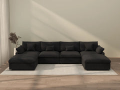 Sofás seccionales Deluxe Slope Cloud | Seccionales en forma de U de lino negro de 6 piezas, 4 plazas, 160" de respaldo ajustable y cojines