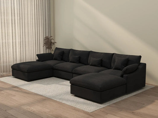 WJS Home 6 Piece Linen Black U shaped Sectionals 160 Adjustable Backrest Pillows 4 Seater_3