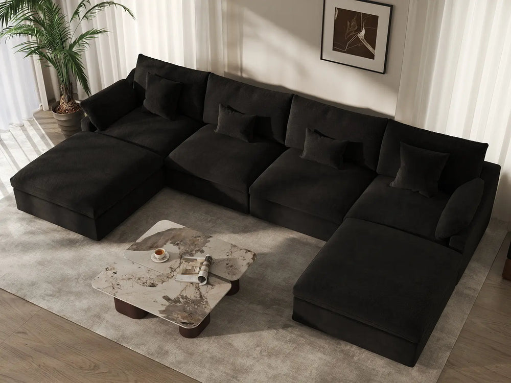 WJS Home 6 Piece Linen Black U shaped Sectionals 160 Adjustable Backrest Pillows 4 Seater_8