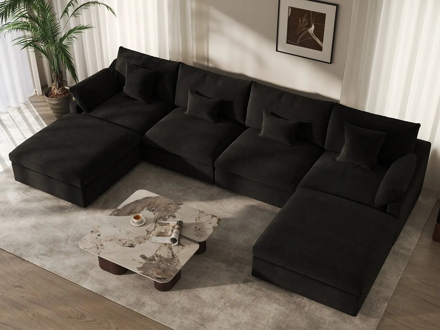 WJS Home 6 Piece Linen Black U shaped Sectionals 160 Adjustable Backrest Pillows 4 Seater_8