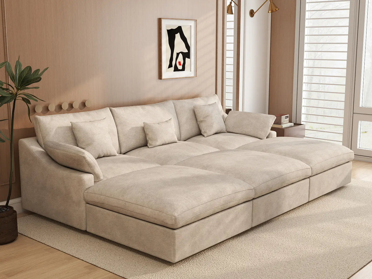 WJS Home 6 Piece Linen Khaki Pit Sectionals 120 Adjustable Backrest Pillows 3 Seater_1