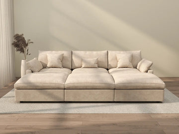 Deluxe Cloud 3-Seater Khaki Washable Pit Sectional | 6-Piece (includes 3 Ottomans), Chenille and Linen Fabric, Modular Design