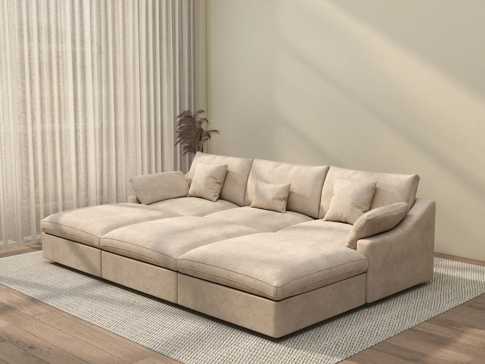 WJS Home 6 Piece Linen Khaki Pit Sectionals 120 Adjustable Backrest Pillows 3 Seater_3