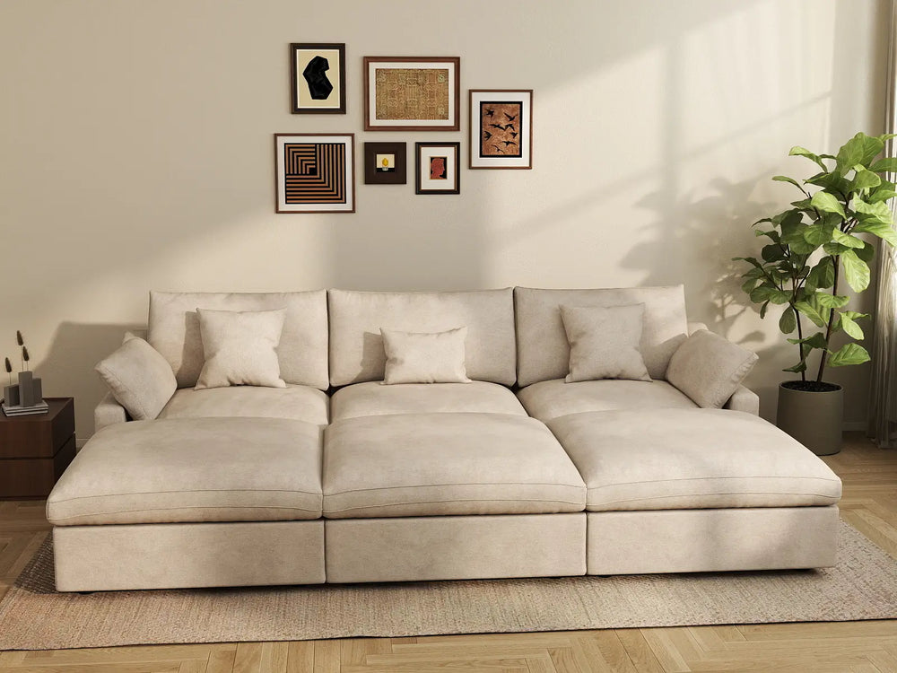 WJS Home 6 Piece Linen Khaki Pit Sectionals 120 Adjustable Backrest Pillows 3 Seater_6