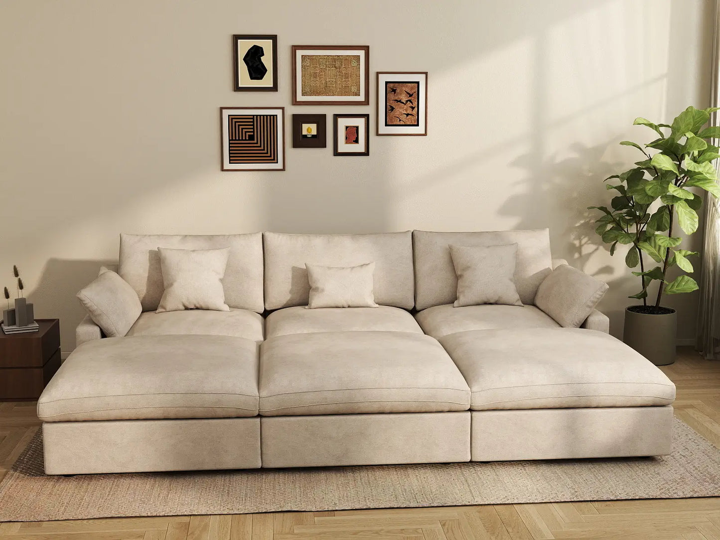 WJS Home 6 Piece Linen Khaki Pit Sectionals 120 Adjustable Backrest Pillows 3 Seater_6