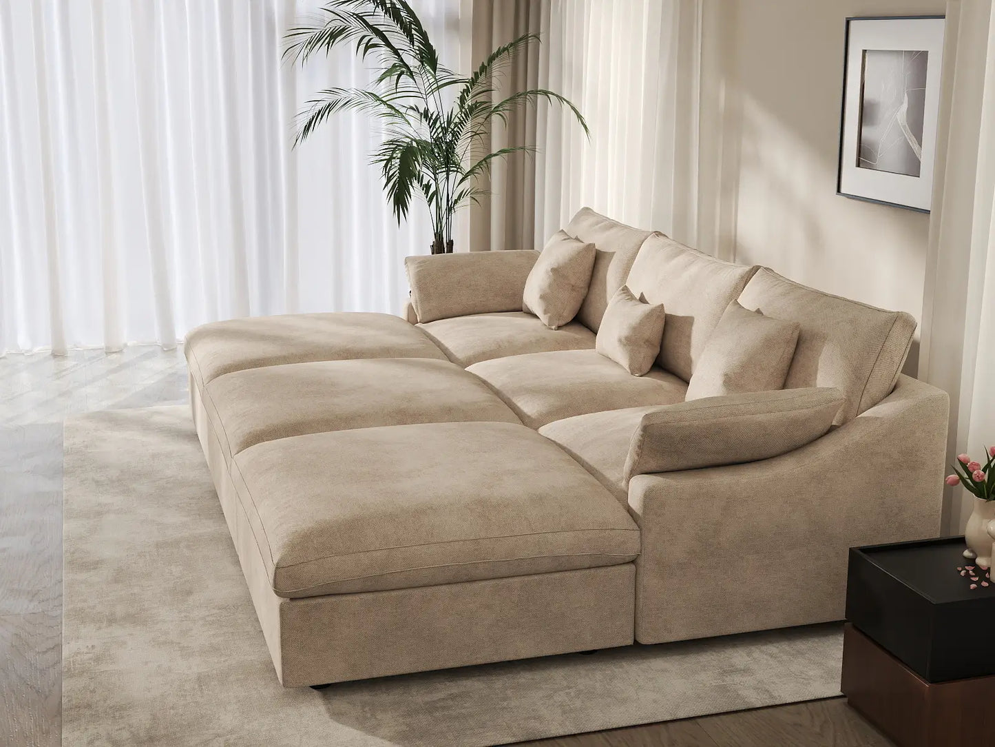 WJS Home 6 Piece Linen Khaki Pit Sectionals 120 Adjustable Backrest Pillows 3 Seater_7