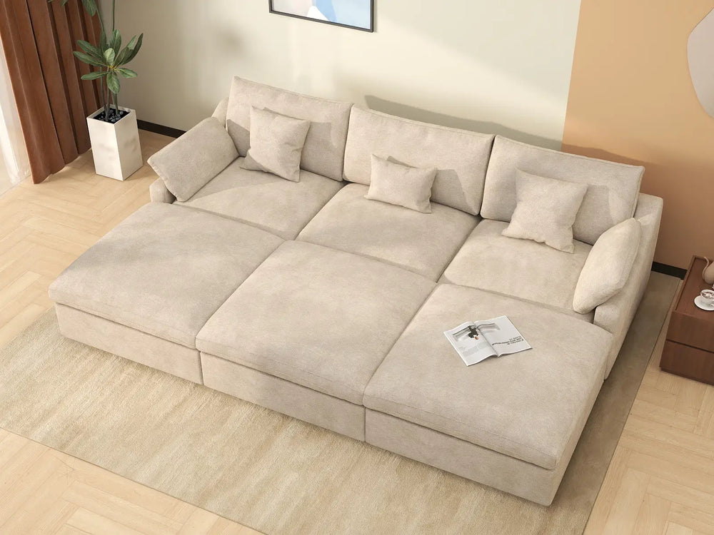 WJS Home 6 Piece Linen Khaki Pit Sectionals 120 Adjustable Backrest Pillows 3 Seater_8