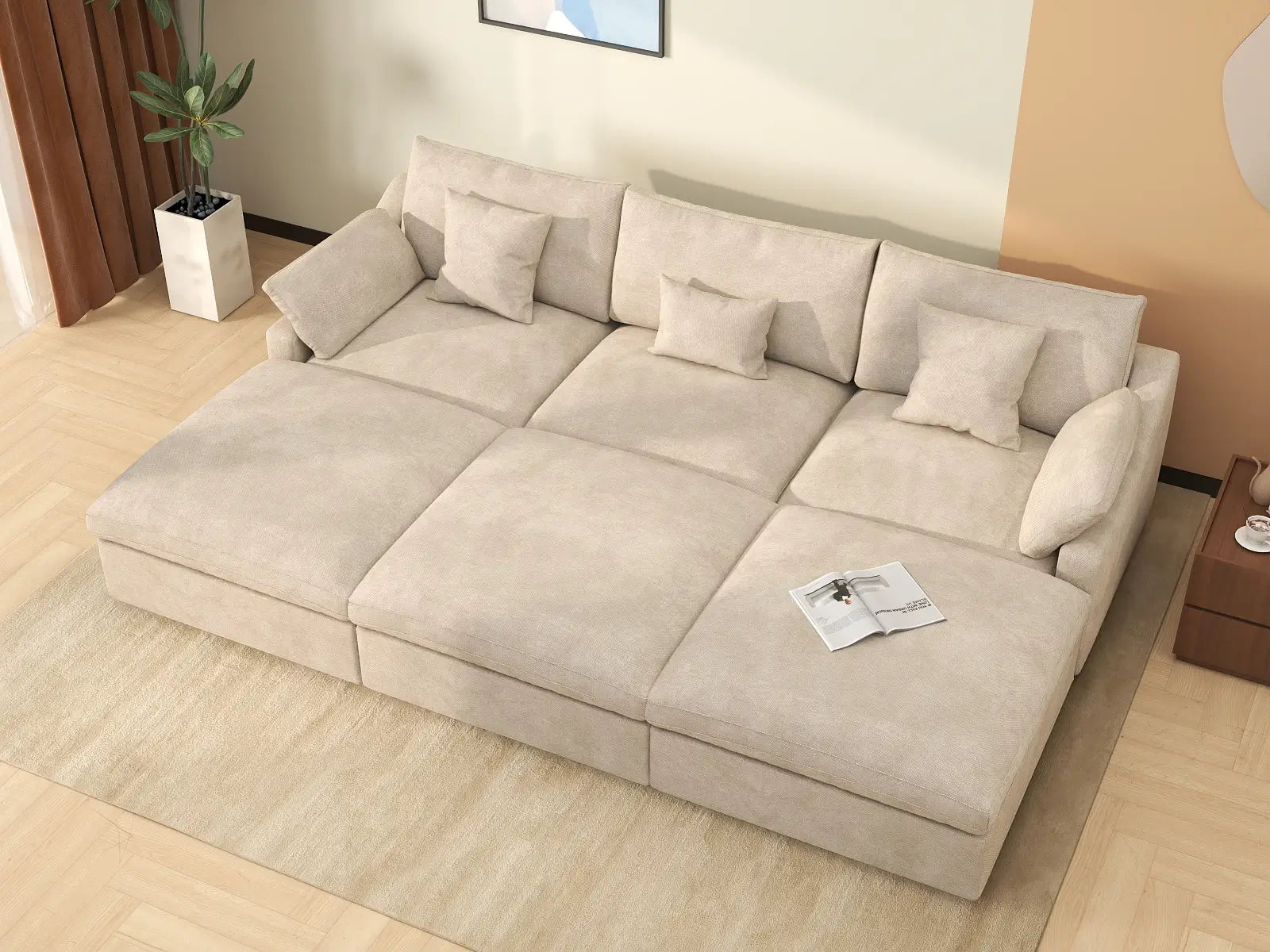 WJS Home 6 Piece Linen Khaki Pit Sectionals 120 Adjustable Backrest Pillows 3 Seater_8