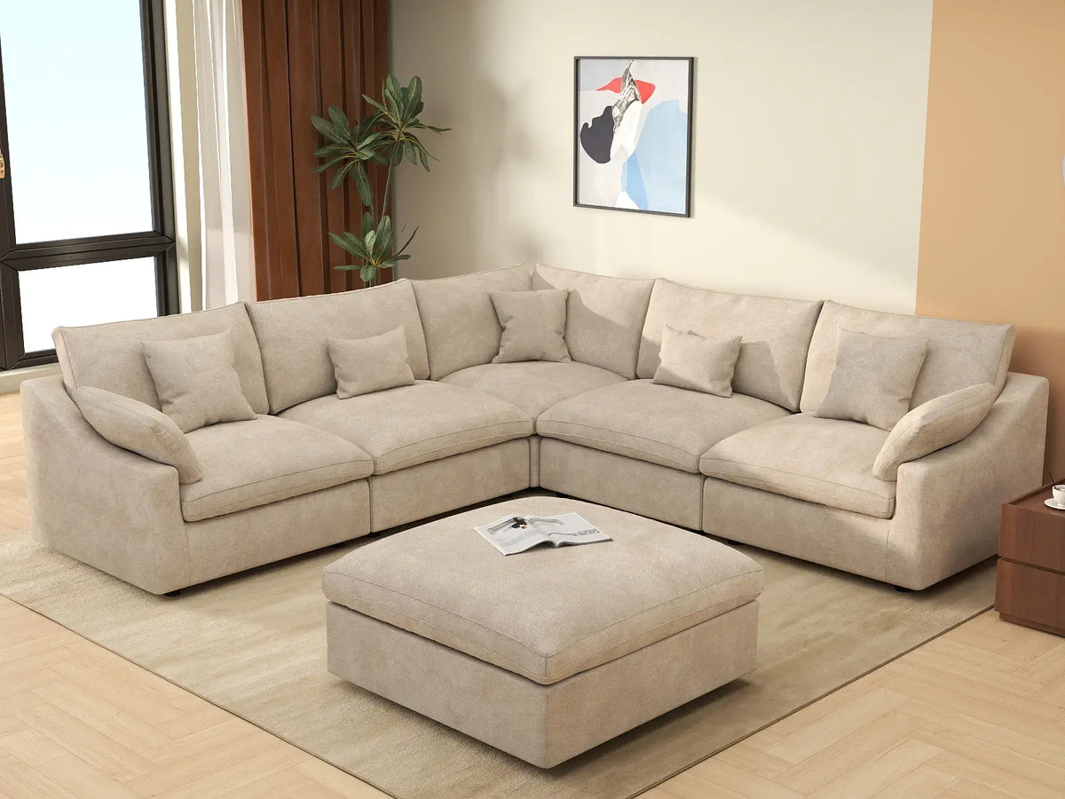 WJS Home 6 Piece Linen Khaki Sofa Sets 5 Seater With 1 Ottoman_1