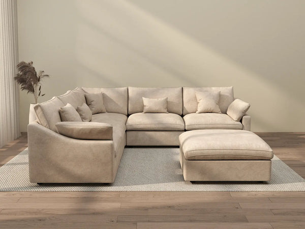 Sofá de lujo Cloud de 5 plazas, color caqui, lavable | 6 piezas (incluye 1 otomana), tela de chenilla y lino, diseño modular