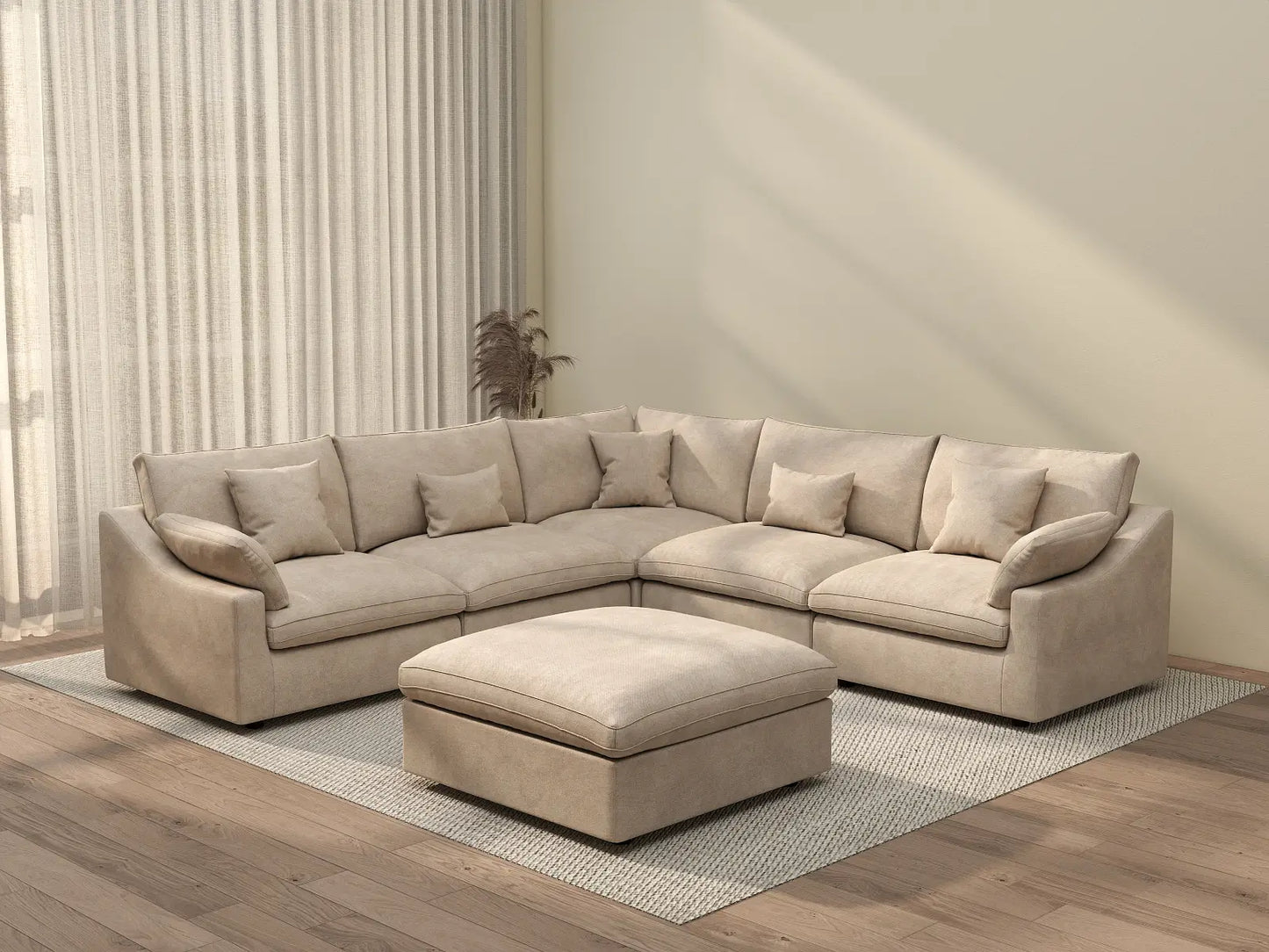 WJS Home 6 Piece Linen Khaki Sofa Sets 5 Seater With 1 Ottoman_3