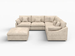 Deluxe Slope Cloud Sectional Sofa Covers | Khaki Chenille and Linen Sofa Cover for 5-Seater with 1-Ottoman